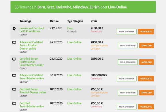 Screenshot einer Kursliste auf der Website von DasScrumTeam